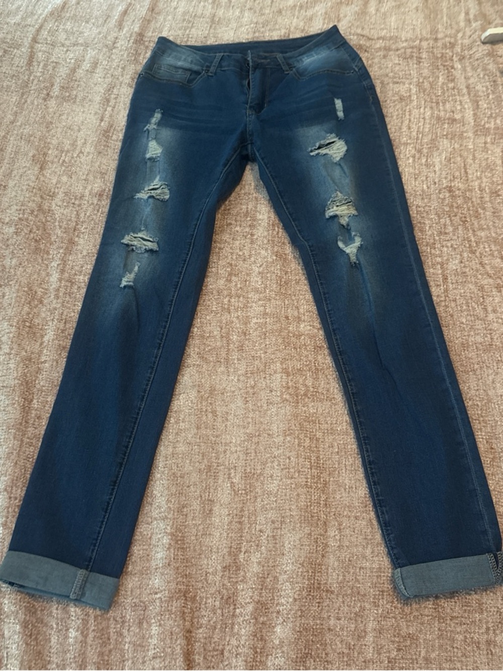 Dark Blue Distressed Women's Jeans - Classic Stretch Fit